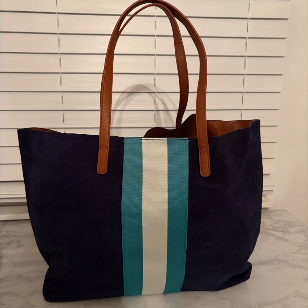 Neiman Marcus Faux Suede Tote Bag Navy Blue with Tan Handles & Teal/White Stripe - Picture 3 of 5